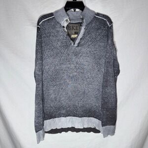BKE Mens XXL Slim Fit Sweater‎ Grey Acid Wash Argyle Henley Cotton Knit Pullover